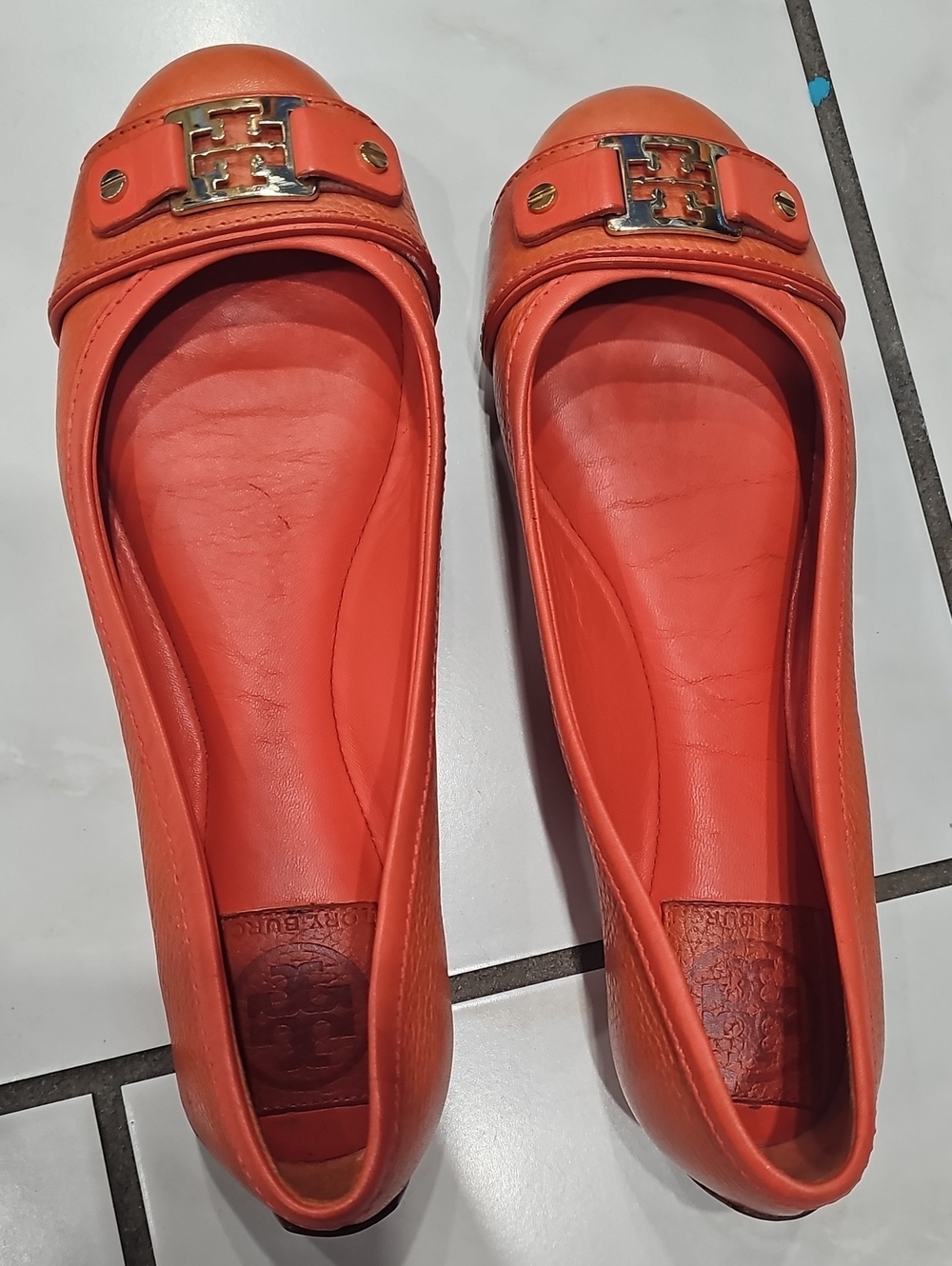 Tory Burch Orange Leather Logo Detail Ballet Flat